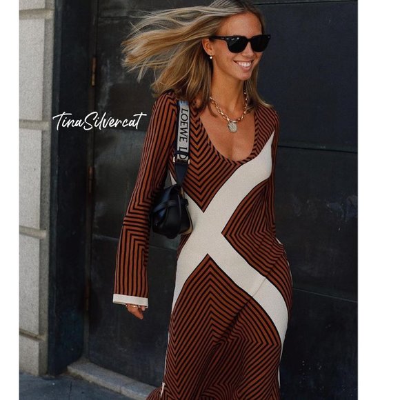 BLOGGER'S FAVE! Zara Striped Midi Dress Brown Sz XS, Small NWT - Picture 6 of 17